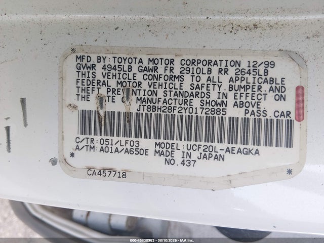 Aukcja sprzedaży 2000 Lexus Ls 400, vin: JT8BH28F2Y0172885, numer aukcji: 45838963