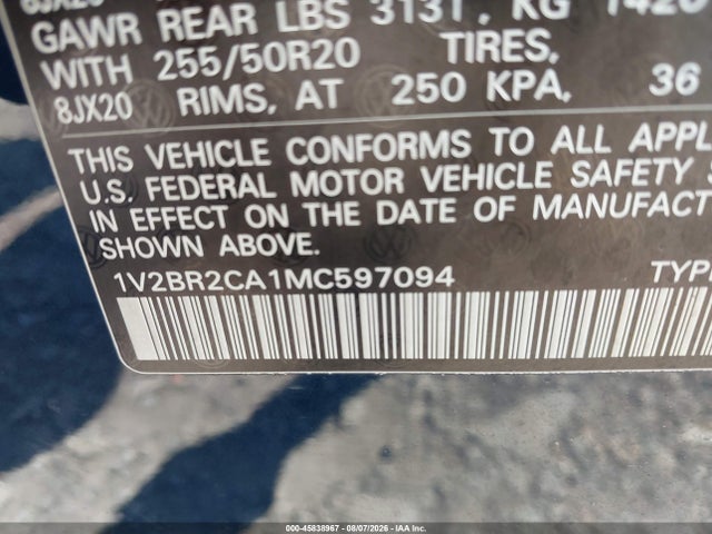 2021 Volkswagen Atlas 3.6l V6 Sel მანქანა იყიდება აუქციონზე, vin: 1V2BR2CA1MC597094, აუქციონის ნომერი: 45838967