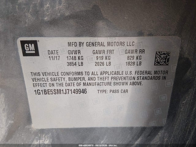 2018 Chevrolet Cruze Lt Auto მანქანა იყიდება აუქციონზე, vin: 1G1BE5SM1J7149946, აუქციონის ნომერი: 45838970