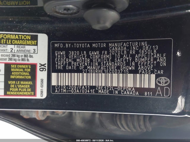 Aukcja sprzedaży 2014 Toyota Corolla L, vin: 2T1BURHE1EC003715, numer aukcji: 45838972