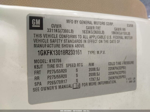Aukcja sprzedaży 2008 Gmc Yukon Slt, vin: 1GKFK13018R233161, numer aukcji: 45838992