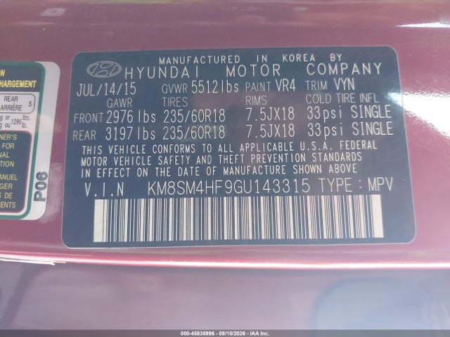 KM8SM4HF9GU143315 Hyundai Santa Fe Se