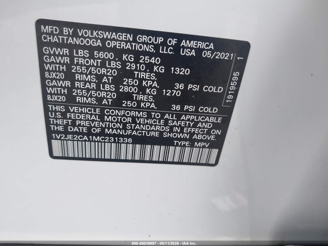2021 Volkswagen Atlas Cross Sport 3.6l V6 Se W/technology მანქანა იყიდება აუქციონზე, vin: 1V2JE2CA1MC231336, აუქციონის ნომერი: 45838997