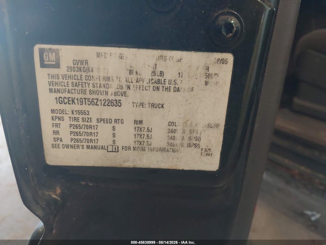 45838999 :رقم المزاد ، 1GCEK19T56Z122635 vin ، 2006 Chevrolet Silverado 1500 Lt2 مزاد بيع