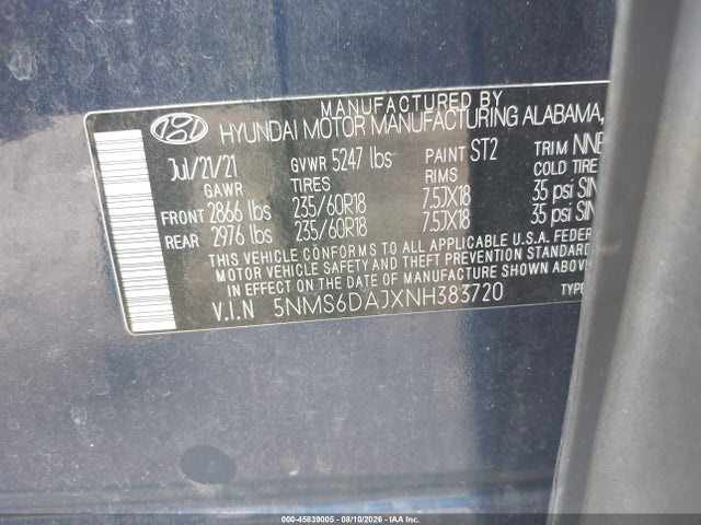 2022 Hyundai Santa Fe Xrt მანქანა იყიდება აუქციონზე, vin: 5NMS6DAJXNH383720, აუქციონის ნომერი: 45839005