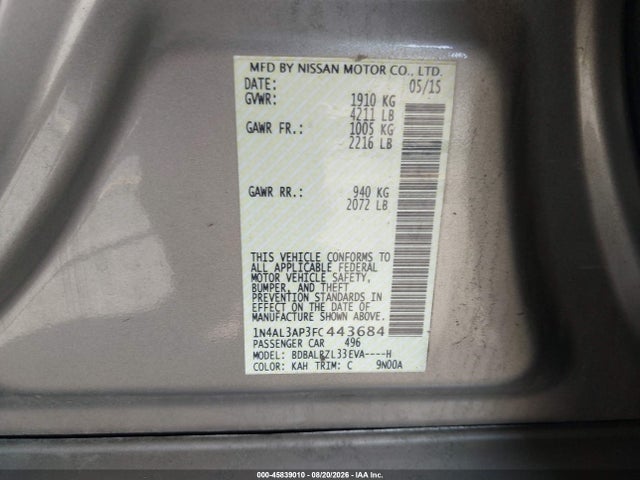 2015 Nissan Altima 2.5 Sl მანქანა იყიდება აუქციონზე, vin: 1N4AL3AP3FC443684, აუქციონის ნომერი: 45839010