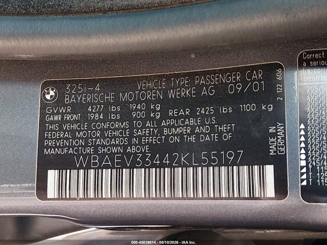 Aukcja sprzedaży 2002 Bmw 325i, vin: WBAEV33442KL55197, numer aukcji: 45839014