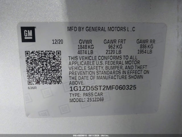 Продаж на аукціоні авто 2021 Chevrolet Malibu Fwd Lt, vin: 1G1ZD5ST2MF060325, номер лоту: 45839015