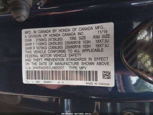 Auction sale of the 2020 Honda Cr-v Awd Ex, vin: 2HKRW2H51LH600521, lot number: 45839022