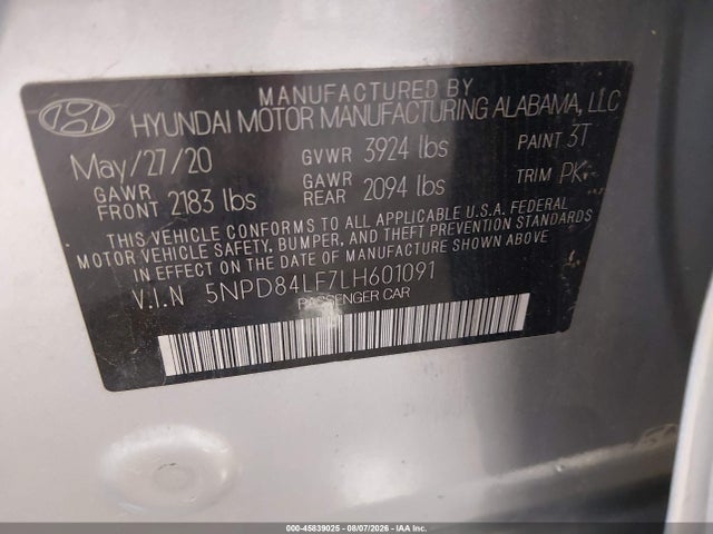 5NPD84LF7LH601091 Hyundai ELANTRA SEL