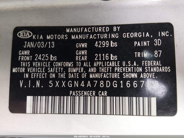 Продаж на аукціоні авто 2013 Kia Optima Ex, vin: 5XXGN4A78DG166788, номер лоту: 45839034