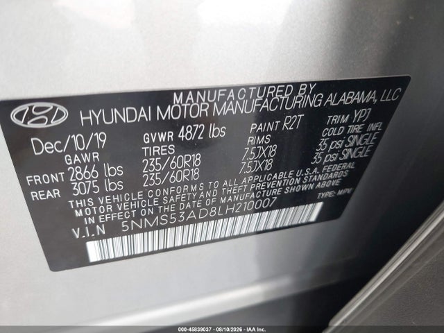 Продажа на аукционе авто 2020 Hyundai Santa Fe Limited, vin: 5NMS53AD8LH210007, номер лота: 45839037