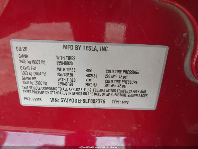 Продаж на аукціоні авто 2020 Tesla Model Y Long Range Dual Motor All-wheel Drive/performance Dual Motor All-wheel Drive, vin: 5YJYGDEF8LF002376, номер лоту: 45839039
