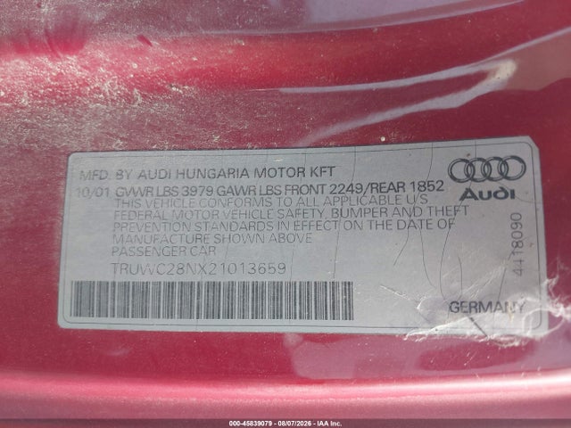 Продажа на аукционе авто 2002 Audi Tt 1.8l, vin: TRUWC28NX21013659, номер лота: 45839079