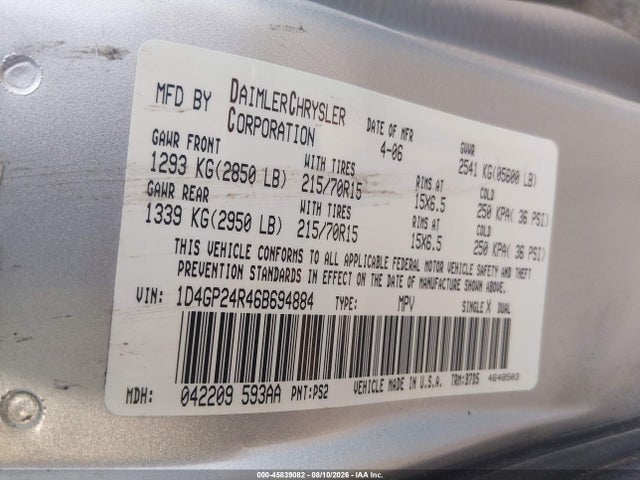 Aukcja sprzedaży 2006 Dodge Grand Caravan Se, vin: 1D4GP24R46B694884, numer aukcji: 45839082