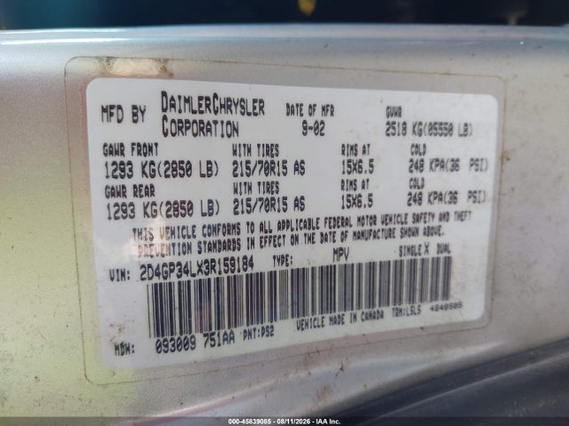 Aukcja sprzedaży 2003 Dodge Grand Caravan El, vin: 2D4GP34LX3R159184, numer aukcji: 45839085