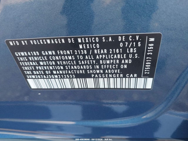 Продаж на аукціоні авто 2016 Volkswagen Jetta 1.4t S, vin: 3VW267AJ3GM212533, номер лоту: 45839086