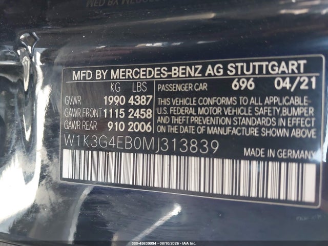 Aukcja sprzedaży 2021 Mercedes-benz A 220, vin: W1K3G4EB0MJ313839, numer aukcji: 45839094