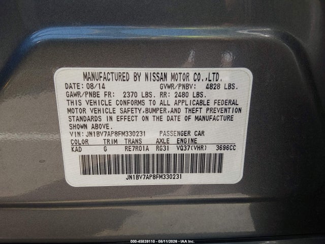 45839110 :رقم المزاد ، JN1BV7AP8FM330231 vin ، 2015 Infiniti Q50 مزاد بيع