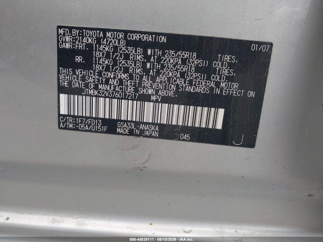 Продажа на аукционе авто 2007 Toyota Rav4 Sport, vin: JTMBK32V376017217, номер лота: 45839111