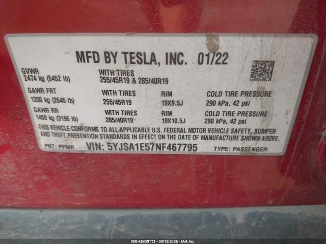 Продаж на аукціоні авто 2022 Tesla Model S Dual Motor All-wheel Drive, vin: 5YJSA1E57NF467795, номер лоту: 45839113