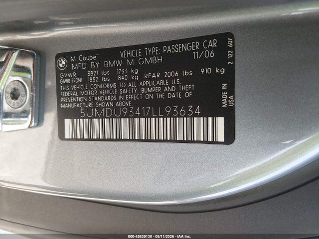 Auction sale of the 2007 Bmw M, vin: 5UMDU93417LL93634, lot number: 45839130