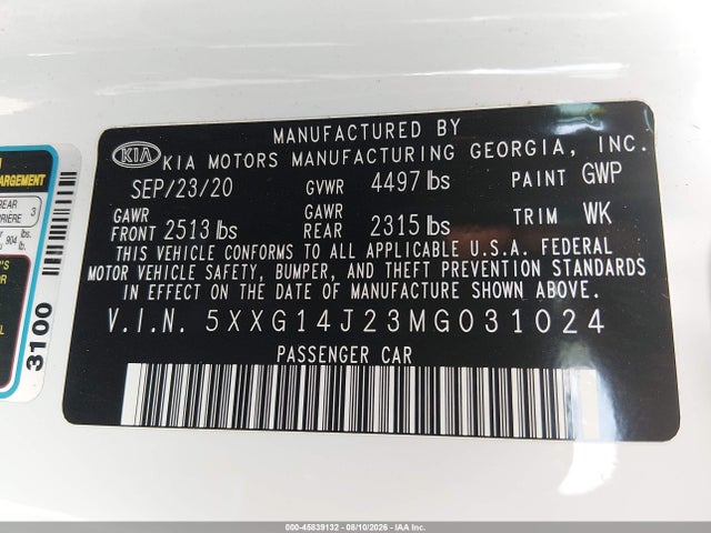 Продаж на аукціоні авто 2021 Kia K5 Lxs, vin: 5XXG14J23MG031024, номер лоту: 45839132