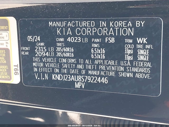 2025 Kia Soul Lx მანქანა იყიდება აუქციონზე, vin: KNDJ23AU8S7922446, აუქციონის ნომერი: 45839137