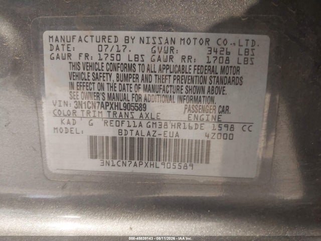 Продаж на аукціоні авто 2017 Nissan Versa 1.6 S+, vin: 3N1CN7APXHL905589, номер лоту: 45839143