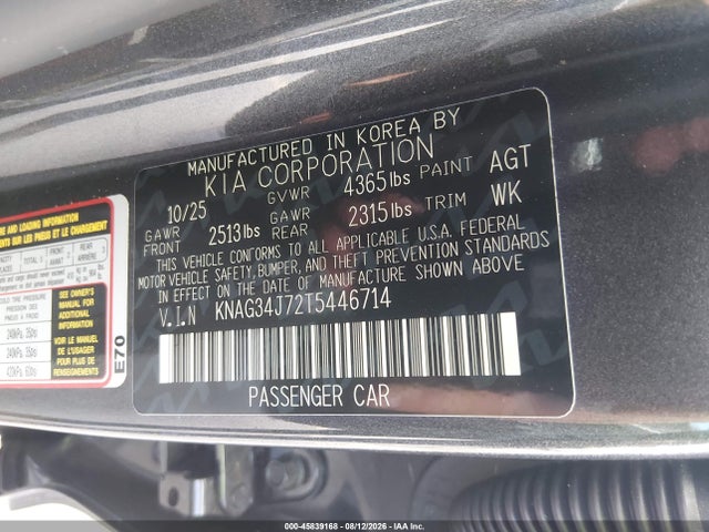 45839168 :رقم المزاد ، KNAG34J72T5446714 vin ، 2026 Kia K5 Ex مزاد بيع