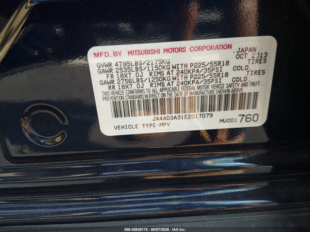 Aukcja sprzedaży 2014 Mitsubishi Outlander Se, vin: JA4AD3A31EZ017079, numer aukcji: 45839175
