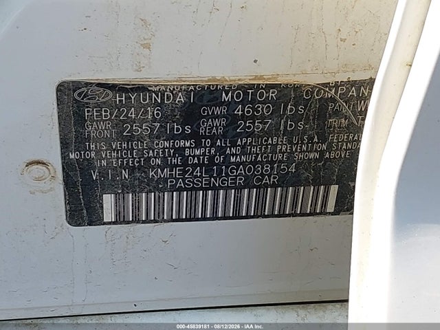 Aukcja sprzedaży 2016 Hyundai Sonata Hybrid Se, vin: KMHE24L11GA038154, numer aukcji: 45839181