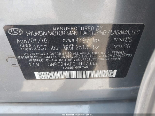Aukcja sprzedaży 2017 Hyundai Sonata Se, vin: 5NPE24AF0HH479352, numer aukcji: 45839184
