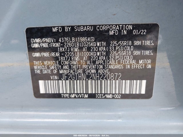 45839204 :رقم المزاد ، JF2GTHNC2NH220872 vin ، 2022 Subaru Crosstrek Limited مزاد بيع