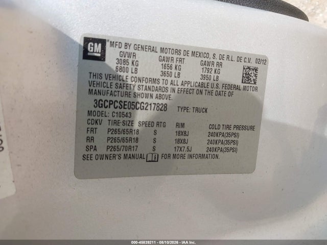 45839211 :رقم المزاد ، 3GCPCSE05CG217828 vin ، 2012 Chevrolet Silverado 1500 Lt مزاد بيع