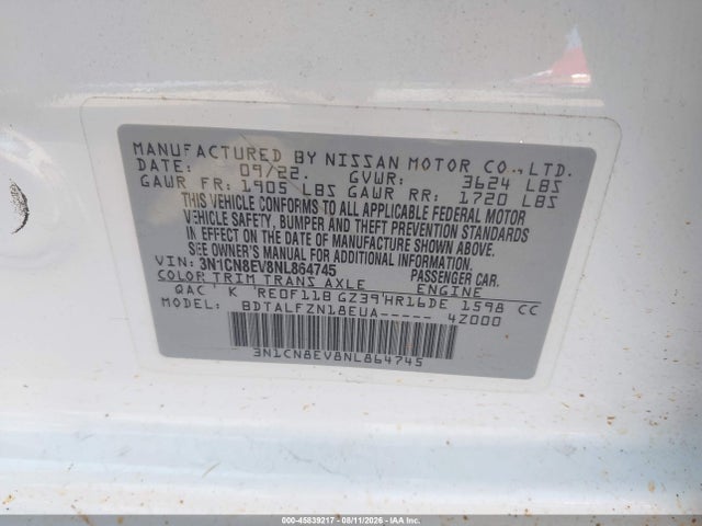 45839217 :رقم المزاد ، 3N1CN8EV8NL864745 vin ، 2022 Nissan Versa 1.6 Sv Xtronic Cvt مزاد بيع