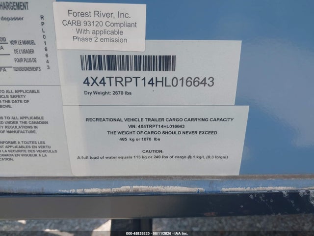 45839220 :رقم المزاد ، 4X4TRPT14HL016643 vin ، 2017 Forest River Rpod Travel Trailer مزاد بيع