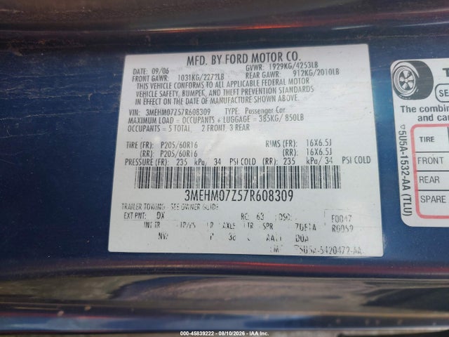 Продажа на аукционе авто 2007 Mercury Milan I4, vin: 3MEHM07Z57R608309, номер лота: 45839222
