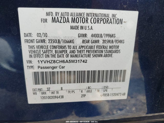 2010 Mazda Mazda6 I Touring Plus მანქანა იყიდება აუქციონზე, vin: 1YVHZ8CH6A5M31742, აუქციონის ნომერი: 45839232