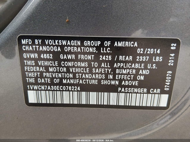 2014 Volkswagen Passat 2.0l Tdi Sel Premium მანქანა იყიდება აუქციონზე, vin: 1VWCN7A30EC076224, აუქციონის ნომერი: 45839239