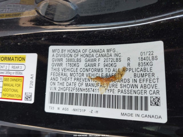45839260 :رقم المزاد ، 2HGFE2F56NH567411 vin ، 2022 Honda Civic Sport مزاد بيع