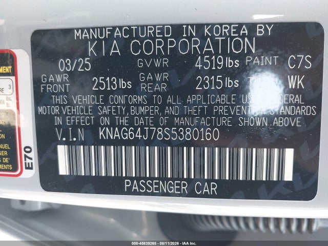 Продаж на аукціоні авто 2025 Kia K5 Gt-line, vin: KNAG64J78S5380160, номер лоту: 45839265