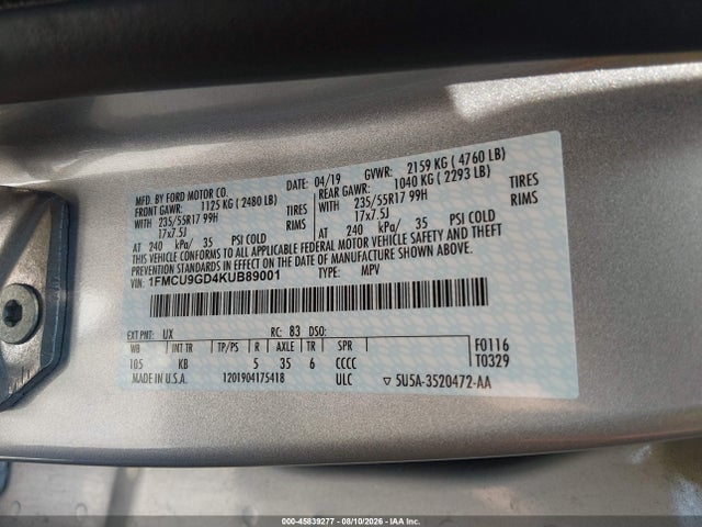 Продаж на аукціоні авто 2019 Ford Escape Se, vin: 1FMCU9GD4KUB89001, номер лоту: 45839277