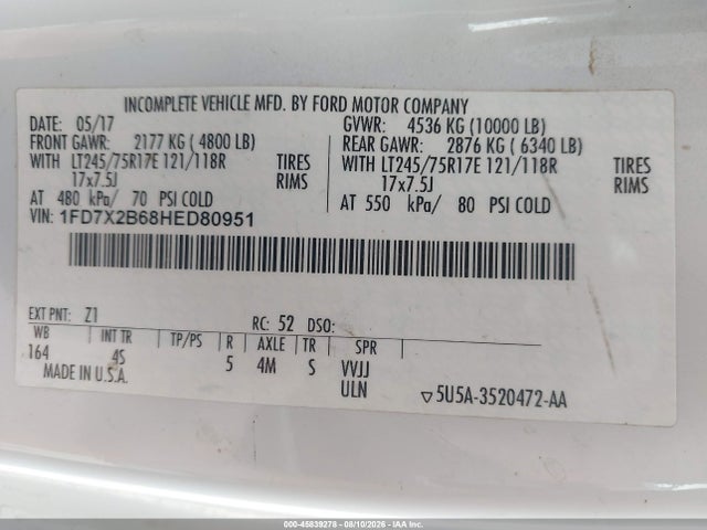 Продажа на аукционе авто 2017 Ford F-250 Xl, vin: 1FD7X2B68HED80951, номер лота: 45839278