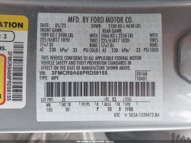 Продажа на аукционе авто 2023 Ford Bronco Sport, vin: 3FMCR9A68PRD58155, номер лота: 45839279