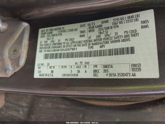45839284 :رقم المزاد ، 1FMCU9H91DUD57951 vin ، 2013 Ford Escape Sel مزاد بيع