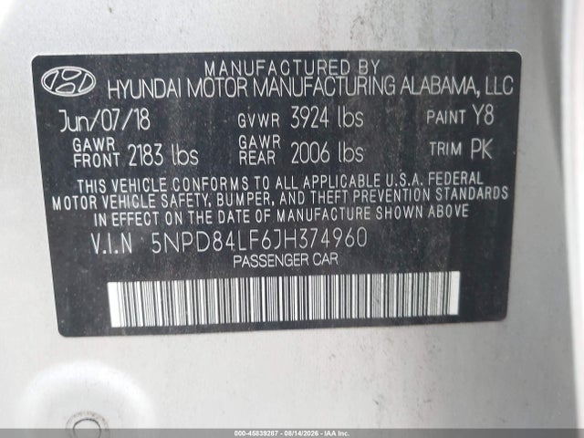 Продажа на аукционе авто 2018 Hyundai Elantra Sel, vin: 5NPD84LF6JH374960, номер лота: 45839287