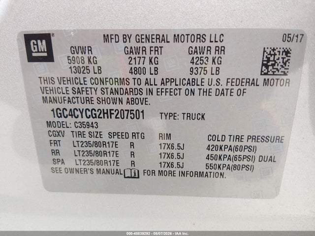 Продажа на аукционе авто 2017 Chevrolet Silverado 3500hd Work Truck, vin: 1GC4CYCG2HF207501, номер лота: 45839292