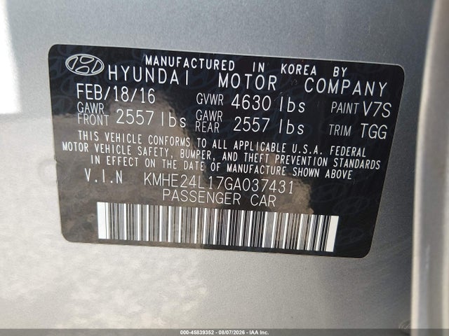 Aukcja sprzedaży 2016 Hyundai Sonata Hybrid Se, vin: KMHE24L17GA037431, numer aukcji: 45839352