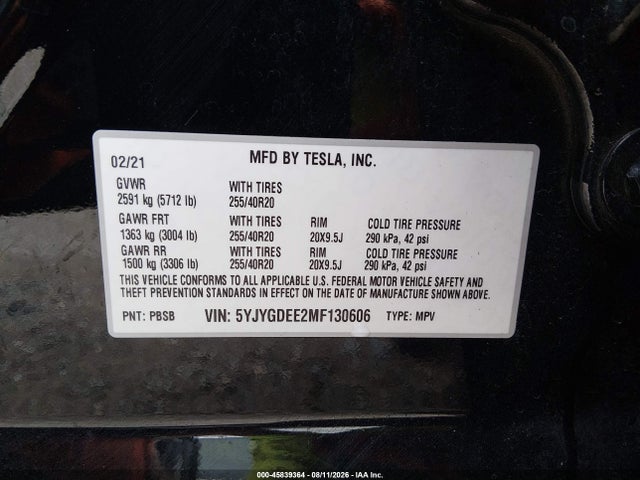 2021 Tesla Model Y Long Range Dual Motor All-wheel Drive მანქანა იყიდება აუქციონზე, vin: 5YJYGDEE2MF130606, აუქციონის ნომერი: 45839364